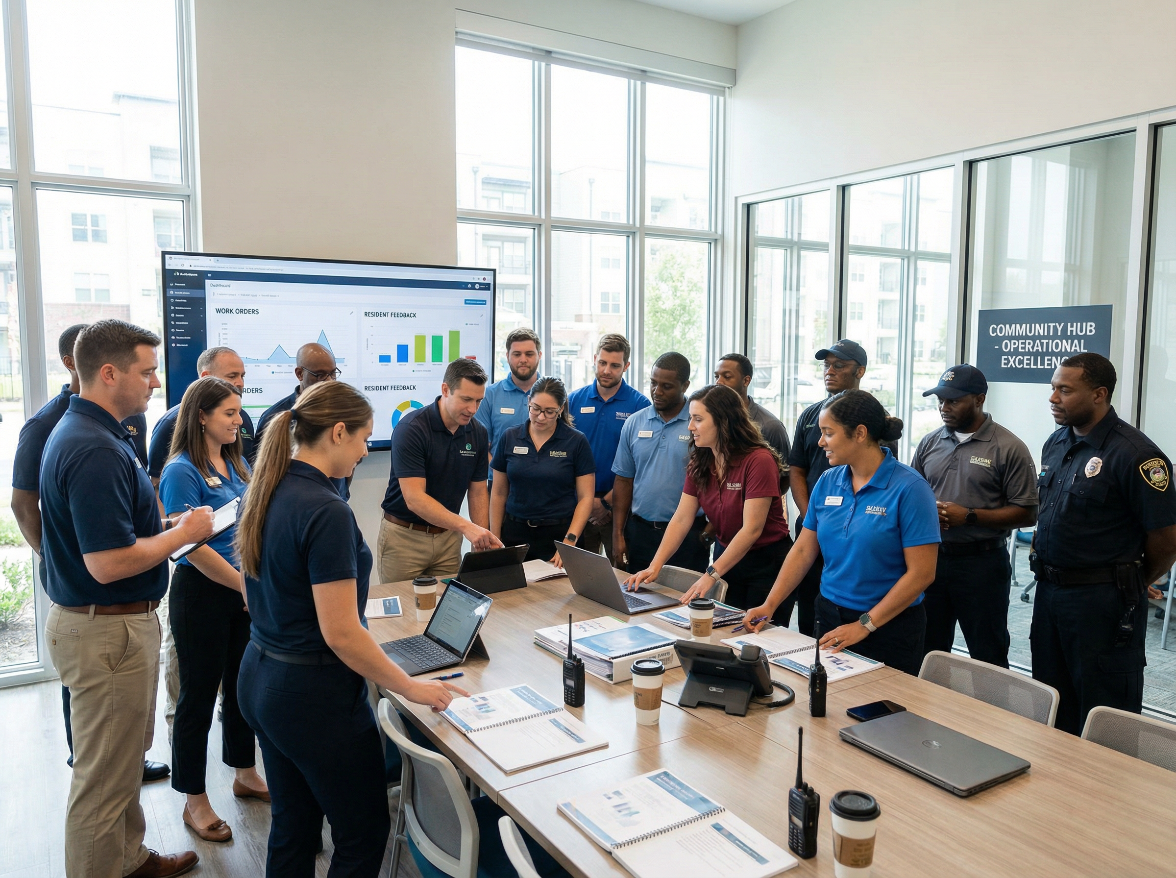 High-performing apartment service team collaborating on operations