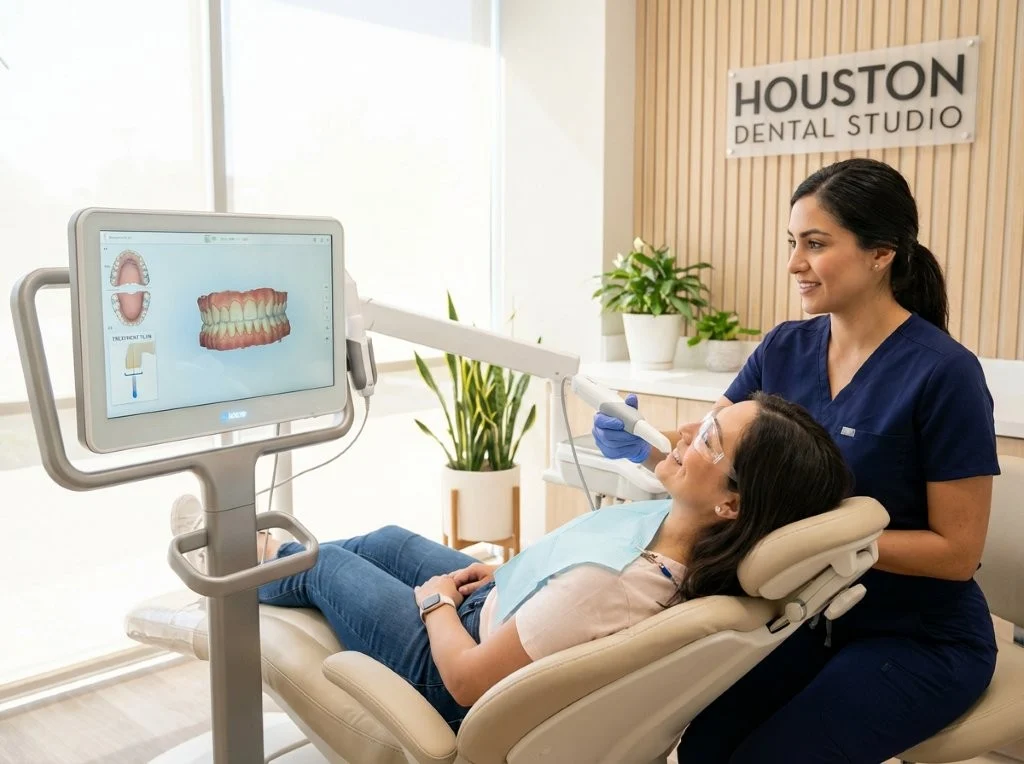 A patient comfortably undergoing a digital dental scan by a friendly dentist in a bright, modern, and calming dental clinic interior.