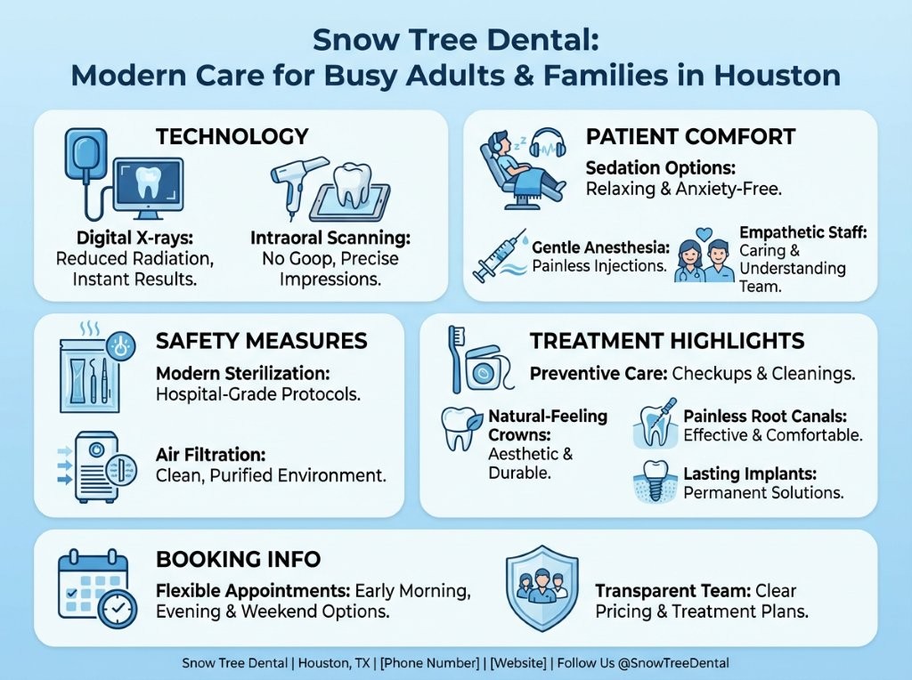Infographic highlighting Snow Tree Dental's technology, patient comfort, safety measures, treatment options, and booking in Houston