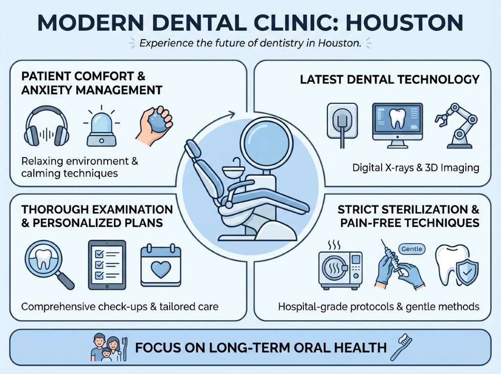 Infographic showing aspects of modern dental care including comfort, technology, hygiene, personalized treatment, and communication