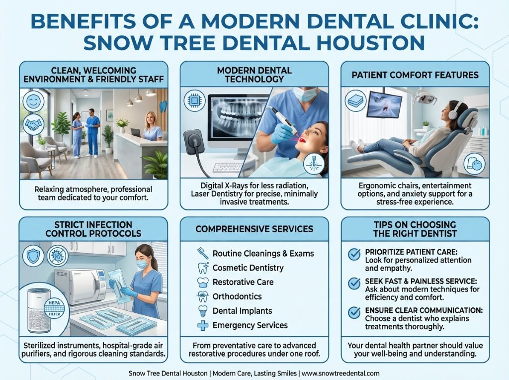 Infographic highlighting key features and services of Snow Tree Dental in Houston, including modern technology, patient comfort, infection control, and tips for choosing a dentist.