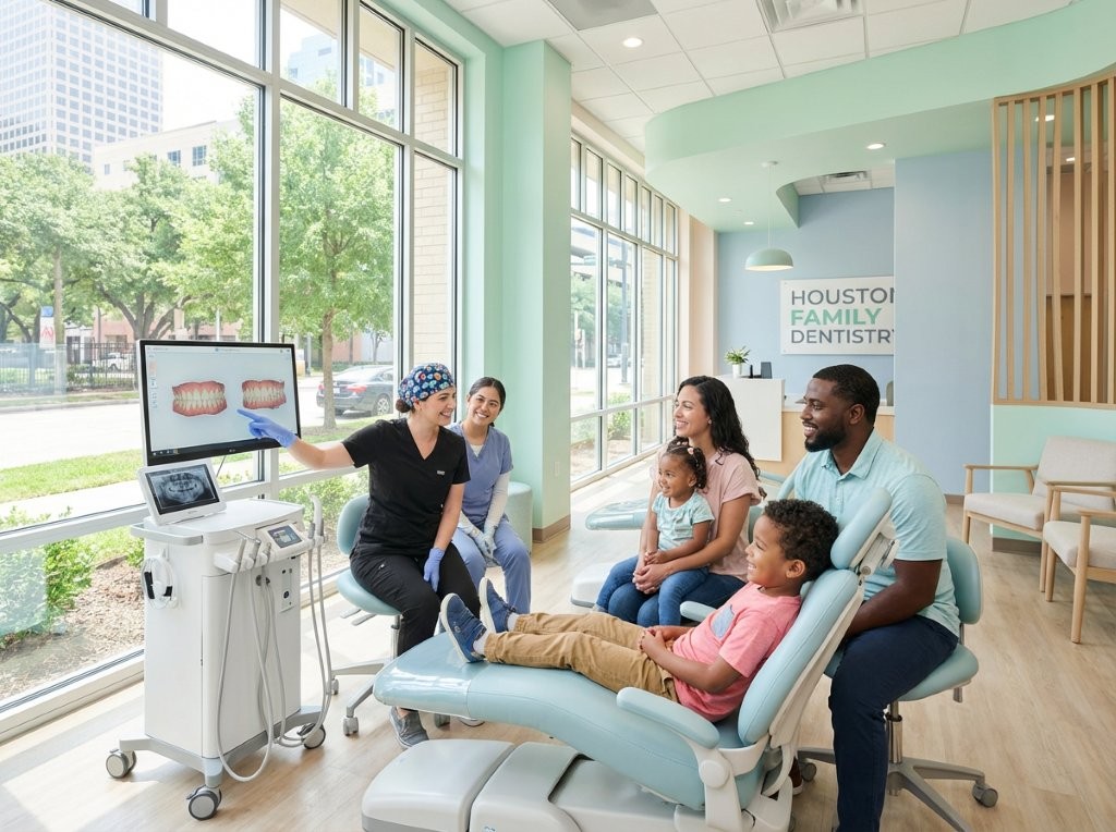 A diverse family happily receiving dental care from a friendly team in a bright, modern clinic using digital X-ray and 3D imaging equipment.