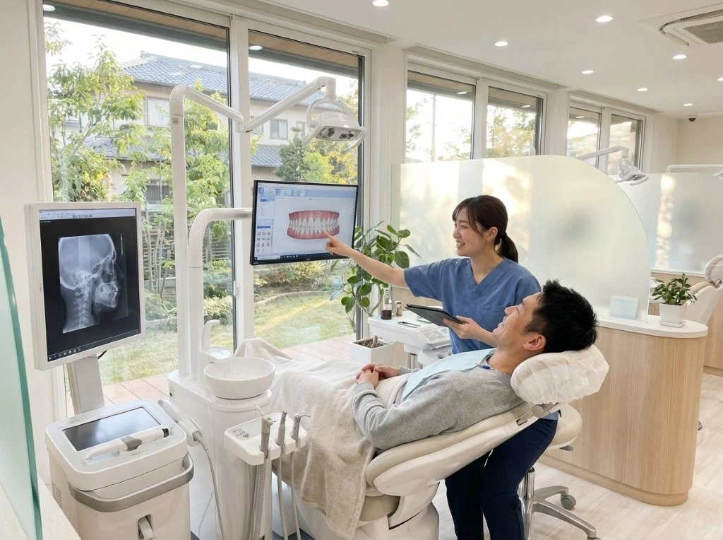Modern dental clinic with digital equipment and a friendly dentist explaining treatment to a relaxed smiling patient in a bright, comfortable room