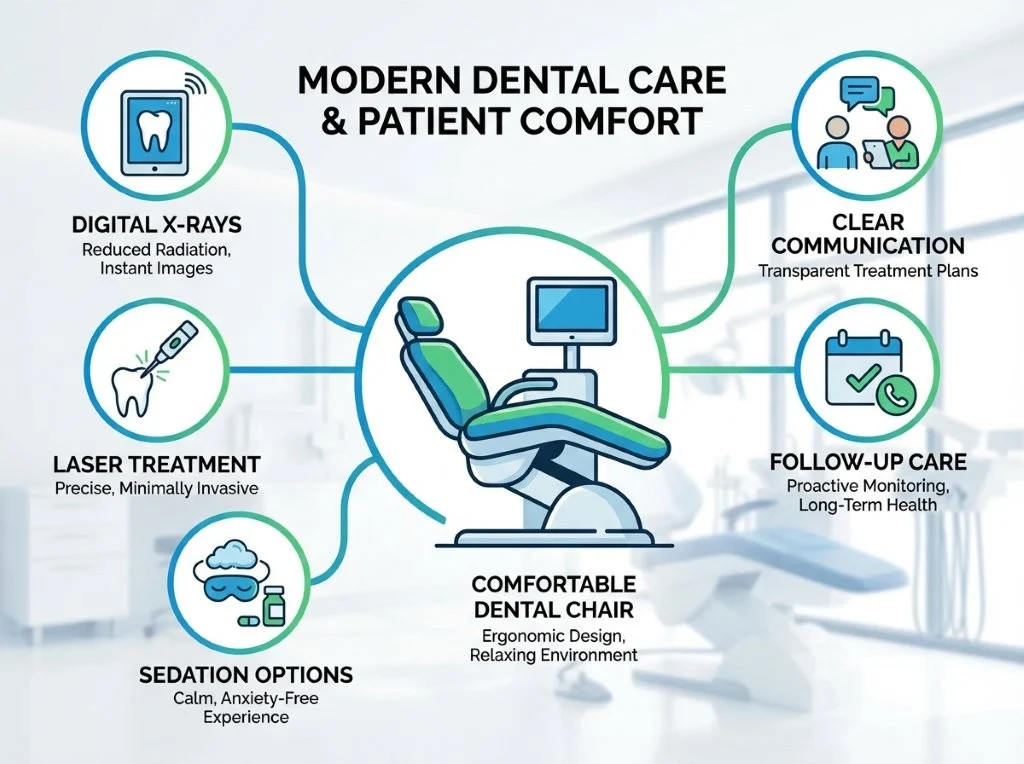 Infographic showing digital X-rays, laser treatments, sedation options, patient comfort, clear communication, and follow-up care icons