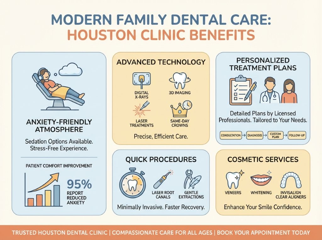 Infographic showing advanced dental care services, patient comfort features, and modern dental technology at a Houston family dental clinic.