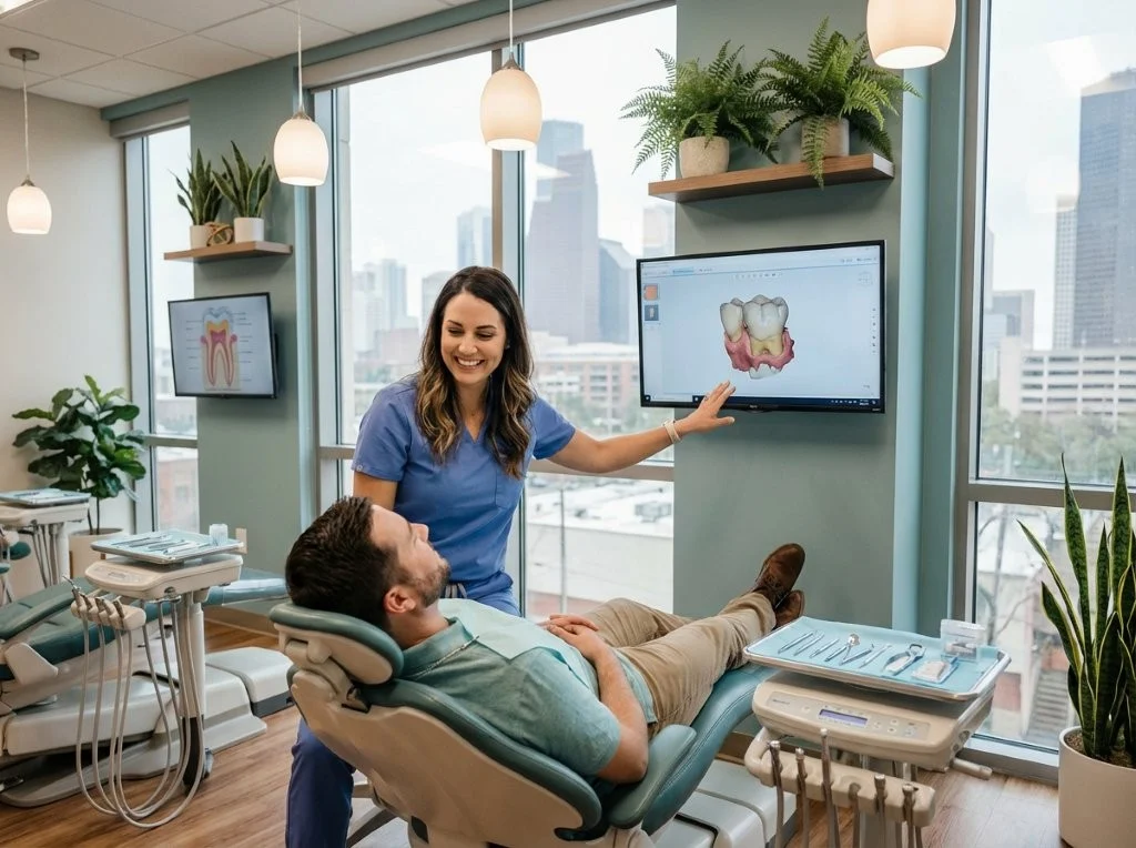 A friendly dentist gently caring for a relaxed patient inside a modern, softly lit dental clinic with digital imaging screens