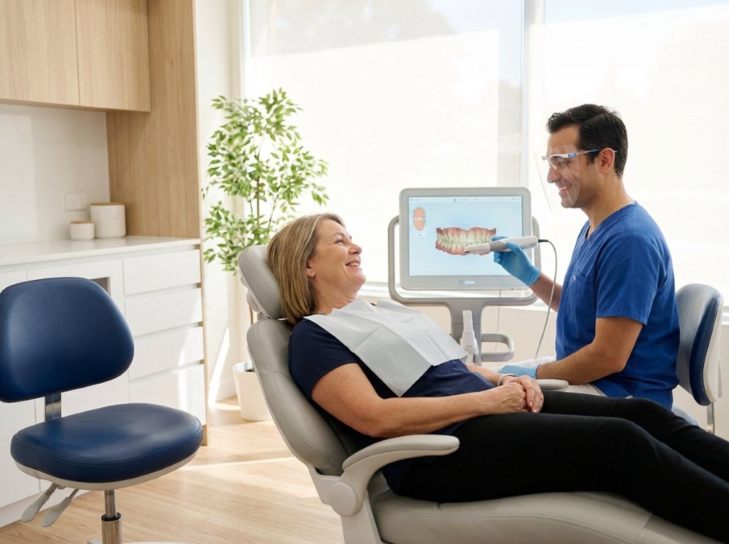 Relaxed adult patient receiving advanced dental scan from friendly dentist in modern clinic with natural lighting