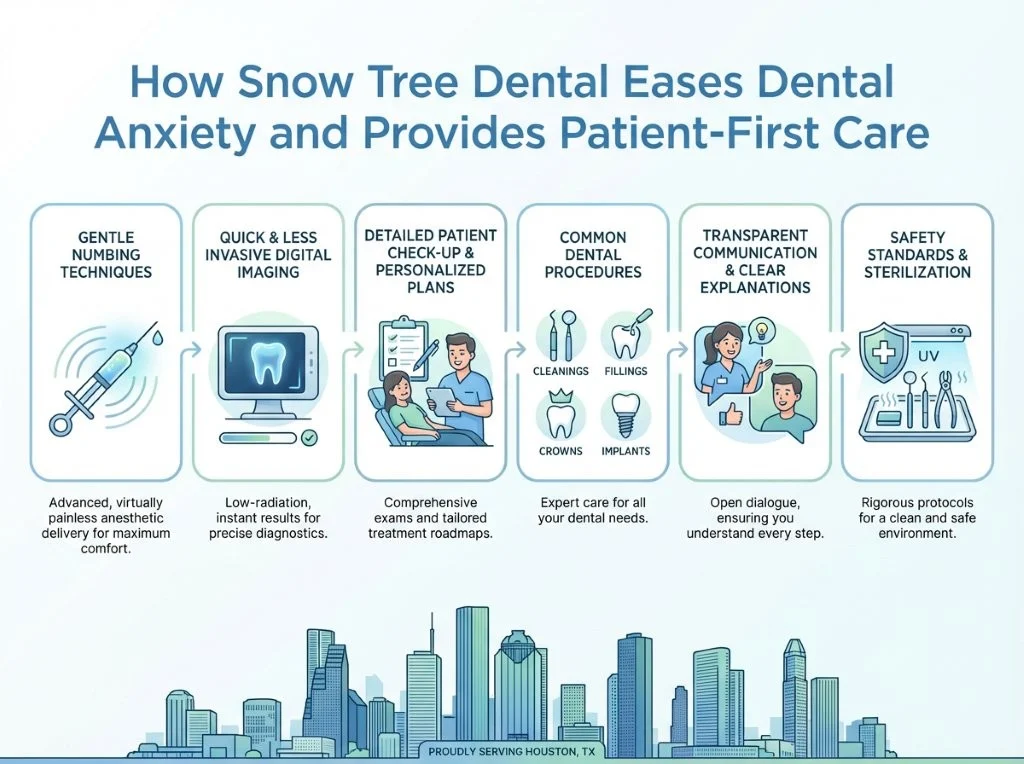 Infographic illustrating Snow Tree Dental's patient-first approach with anxiety relief, digital imaging, personalized plans, common procedures, clear communication, and safety