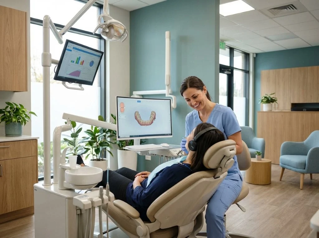 A dentist warmly engaging with a relaxed patient in a bright, modern dental clinic filled with calming colors and advanced digital dental technology.