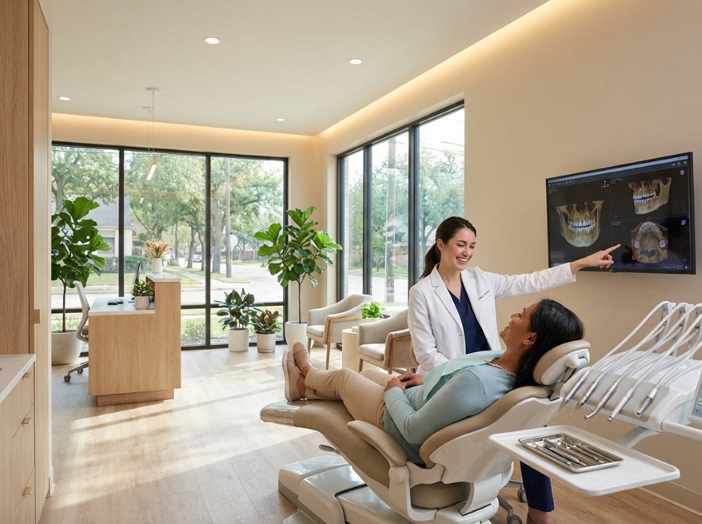 Dentist gently attending to a relaxed adult patient in a bright modern dental clinic with advanced technology and a calming atmosphere