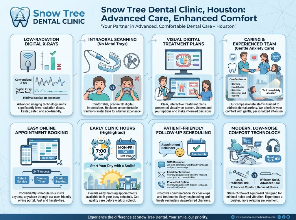 Infographic showcasing the technology and patient-centered care at Snow Tree Dental clinic in Houston, highlighting digital X-rays, intraoral scanning, clear treatment plans, gentle dental team, and easy online booking.
