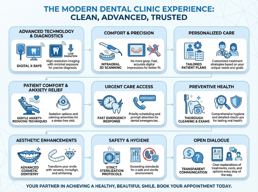Infographic illustrating advanced dental technologies and patient-centric services at a modern dental clinic