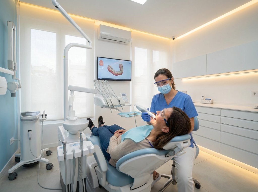 Friendly dentist scanning a patient's teeth with advanced dental technology in a clean, modern clinic