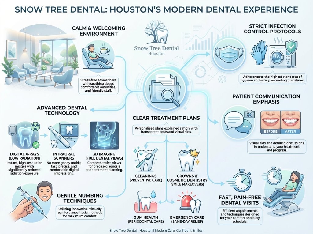 Infographic highlighting Snow Tree Dental's advanced technology, patient comfort, clear communication, and infection control