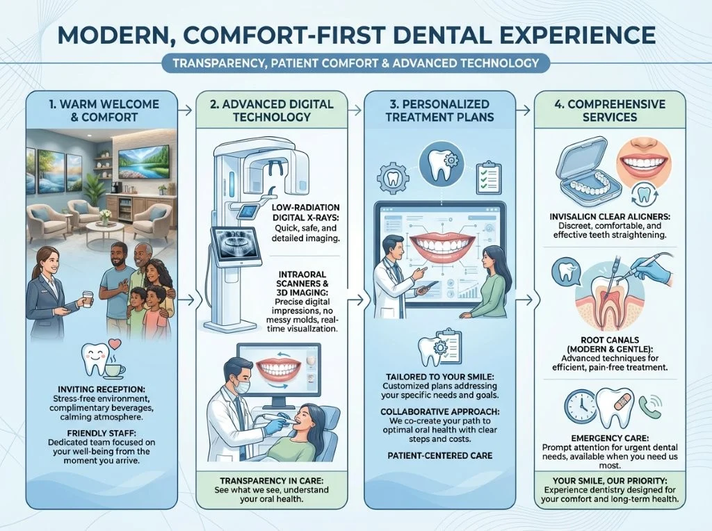 Infographic depicting a dental clinic focusing on patient comfort, advanced technologies like digital X-rays and 3D imaging, personalized treatment plans, and various dental services including Invisalign and emergency care.