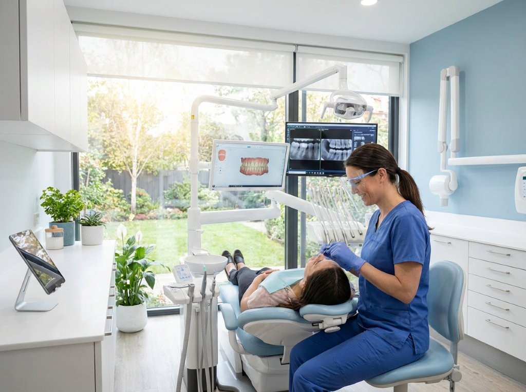 A calm dental clinic with a dentist examining a relaxed patient using advanced technology in a bright, clean environment