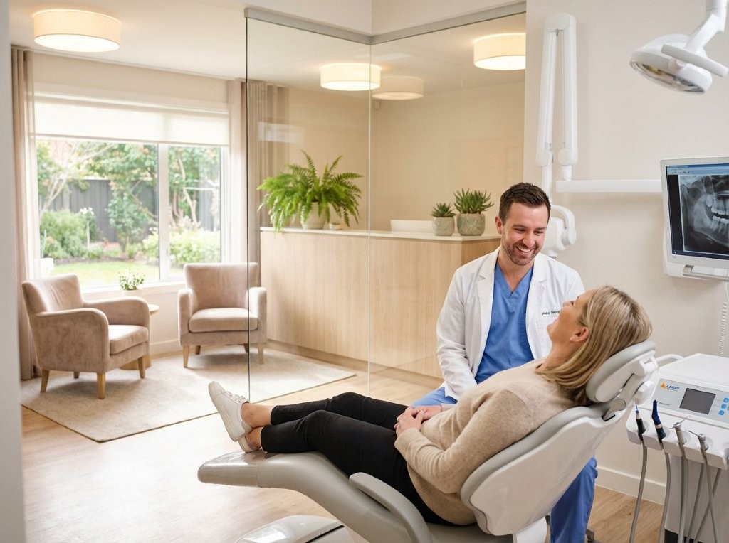 A smiling Houston dentist engaging kindly with a relaxed adult patient in a bright, modern dental clinic with advanced dental technology and a welcoming atmosphere.
