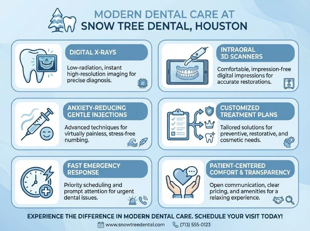 Infographic showing digital dental technology, anxiety management, personalized treatment, and emergency dental care features at Snow Tree Dental in Houston