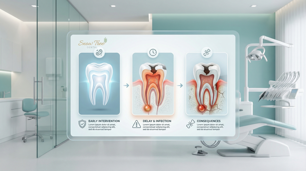 Illustration showing delay root canal infection progression inside a tooth with stages of worsening dental infection