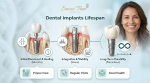 illustration showing dental implants lifespan and factors affecting implant durability over time Title text: Dental Implants Lifespan and Long-Term Durability Guide