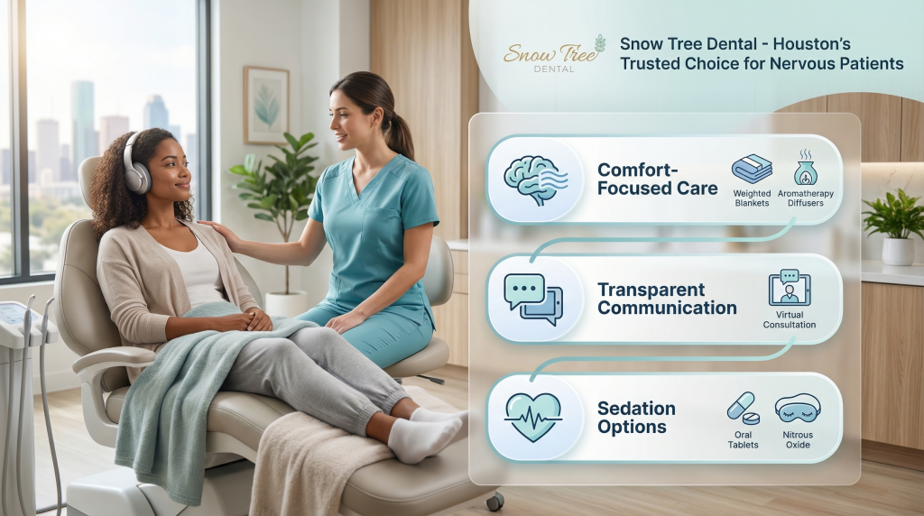 dentist Houston anxiety patient receiving calm gentle dental care in modern Houston clinic