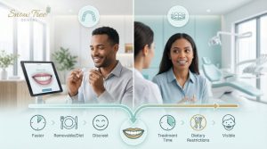 Invisalign vs braces adults comparison showing clear aligners and traditional braces in a modern dental setting