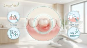 close-up of swollen gum one tooth with mild redness near molar in clean dental setting Title text: Swollen Gum One Tooth – Causes and Treatment Overview
