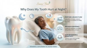Illustration showing tooth pain at night caused by inflamed tooth nerve and increased pressure while lying down