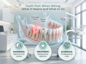 Illustration of tooth pain when biting showing a cracked tooth, cavity, and infection with a patient experiencing discomfort in a dental setting