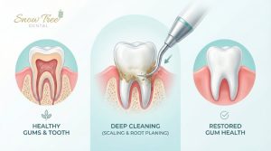 Dental deep cleaning treatment showing plaque removal below the gum line in a Houston dental clinic