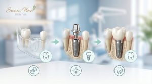Dental implants in Houston shown with a natural-looking crown replacing a missing tooth