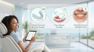 Invisalign clear aligners used for teeth straightening by a dentist in Houston Title text: Invisalign Treatment in Houston – Clear Aligner Overview