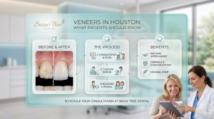 Patient discussing veneers treatment with a dentist in Houston in a modern dental clinic