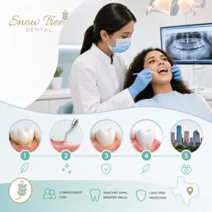 Deep cleaning in Houston is shown as a dental hygienist explains the procedure to a patient in a calm, comfortable dental office.