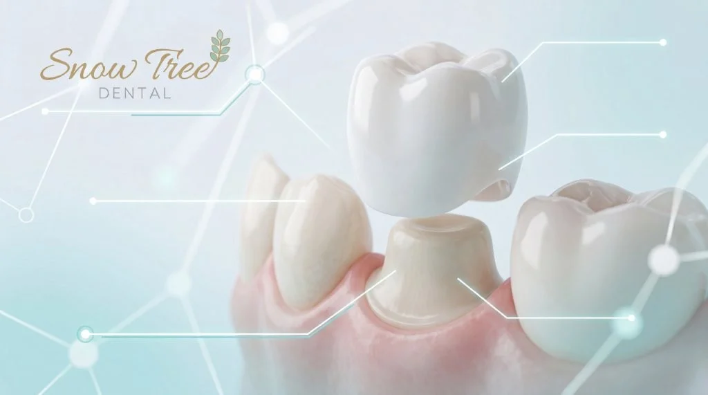 A clinical illustration demonstrating how ceramic dental crowns are placed over a prepared natural tooth to restore its structural integrity.