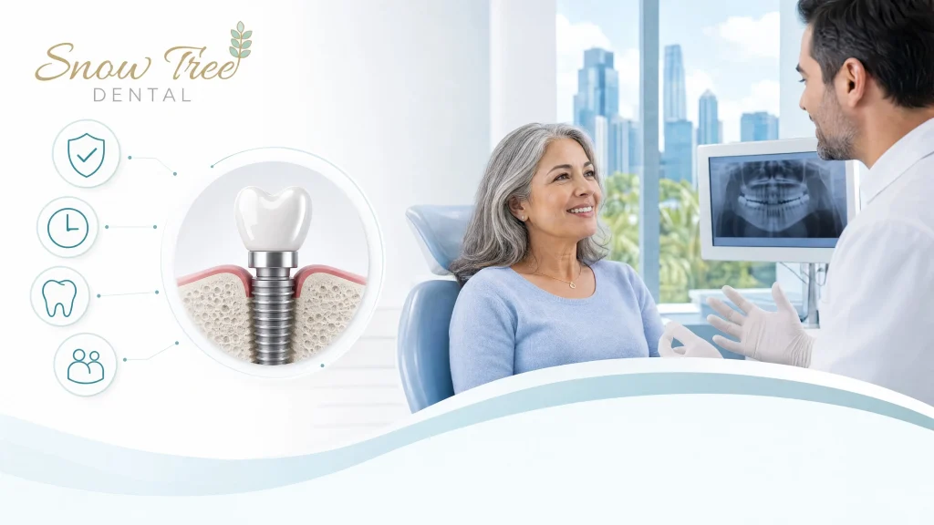 A dentist in Houston explains dental implant options to a patient during a consultation.