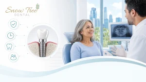 A dentist in Houston explains dental implant options to a patient during a consultation.