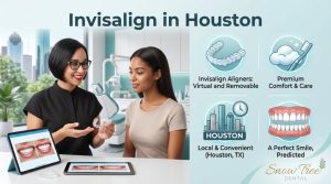 Invisalign clear aligners during a dental consultation for a Houston patient