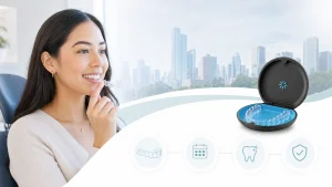 A Houston dentist showing a patient how to use Invisalign clear aligners for teeth straightening during a consultation.