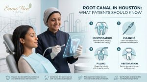 Patient learning about root canal treatment at a modern Houston dental office