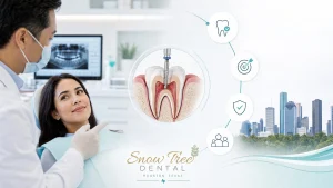 Dentist performing a root canal in Houston procedure for a patient in a modern dental office.