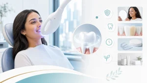 A dentist in Houston discussing teeth whitening options with a patient during a consultation.