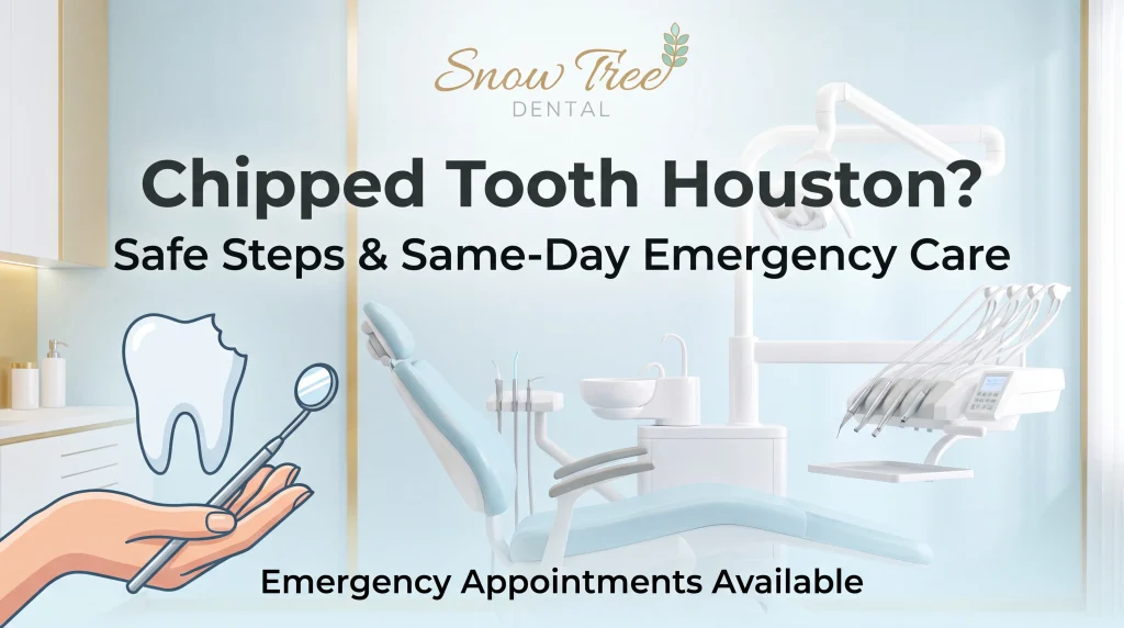 Person holding their mouth with a small chip on a front tooth, seeking help for a chipped tooth in Houston before an emergency dentist visit