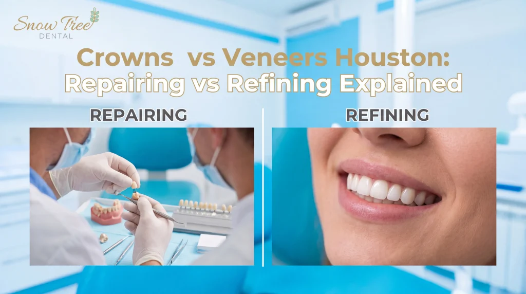 Crowns vs veneers Houston comparison: a dentist shows side-by-side tooth models to explain repairing a damaged tooth with a crown versus refining a smile with a veneer