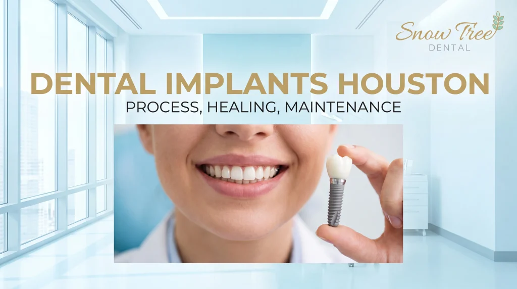 Dental implants Houston consultation where a dentist explains a single tooth implant, the healing timeline, and long-term maintenance