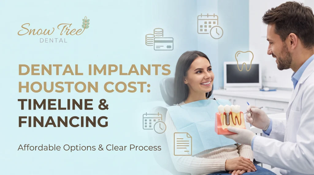 Patient and dentist reviewing dental implants Houston cost, timeline, and alternatives during a consultation at Snow Tree Dental near the Galleria.