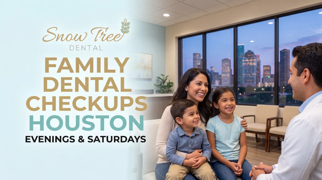 Parents and kids at a Houston dental office, discussing family dental checkups Houston with evening and Saturday options