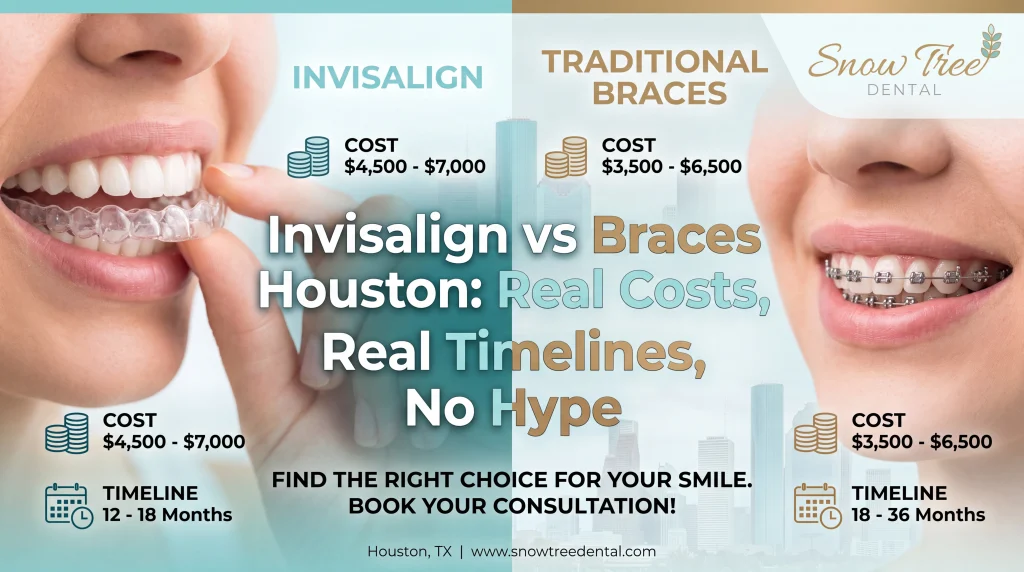 Dentist and adult patient reviewing Invisalign vs braces in a Houston office, comparing comfort, timeline, and cost