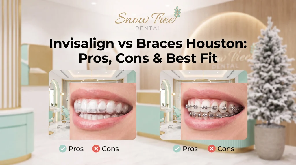 Patient discussing Invisalign vs braces Houston options with a dentist during an orthodontic consultation at Snow Tree Dental in Houston
