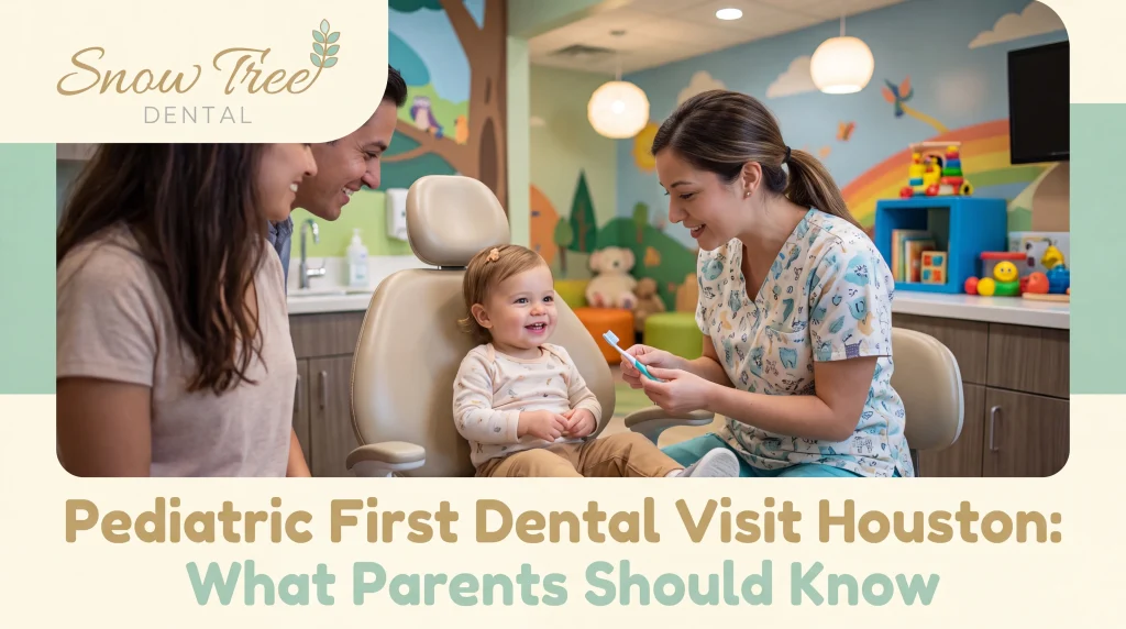Parent and young child at Snow Tree Dental during a pediatric first dental visit Houston, smiling with a gentle, kid-friendly dentist